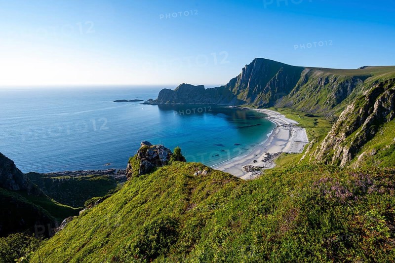 View of coastal landscape, cliffs with peak Måtind or Måtinden, Høyvika beach and sea, hike to the peak of Måtind, Andøya island, Vesterålen, Nordland, Norway, Europe