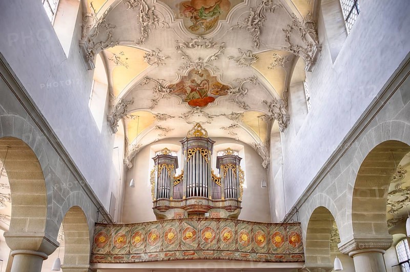 Interior view, gallery, organ, ceiling painting, ceiling fresco, collegiate church Sankt Peter und Paul, Niederzell, Insel Reichenau, Landkreis Konstanz, Baden-Württemberg, Germany, Europe