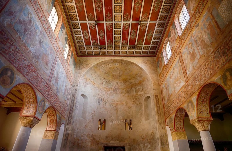 Interior view, western apse, nave, wall painting, ceiling painting, parish church of St George, Oberzell, Reichenau Island, district of Constance, Baden-Württemberg, Germany, Europe