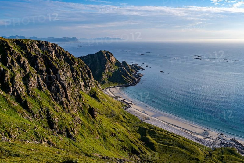 View of picturesque coastal landscape, Høyvika beach and sea, hike to the summit of Måtind, Andøya Island, Vesterålen, Nordland, Norway, Europe