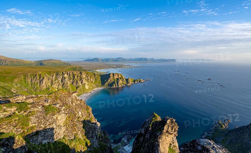 View from the summit of Måtind or Måtinden, view of picturesque coastal landscape, Høyvika beach and sea, Andøya island, Vesterålen, Nordland, Norway, Europe