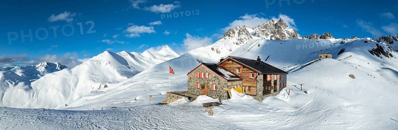 SAC Alpine Club hut in winter, Chamanna d'Es-cha, Pitz Blaisun, Albula Alps, Grisons, Switzerland, Europe