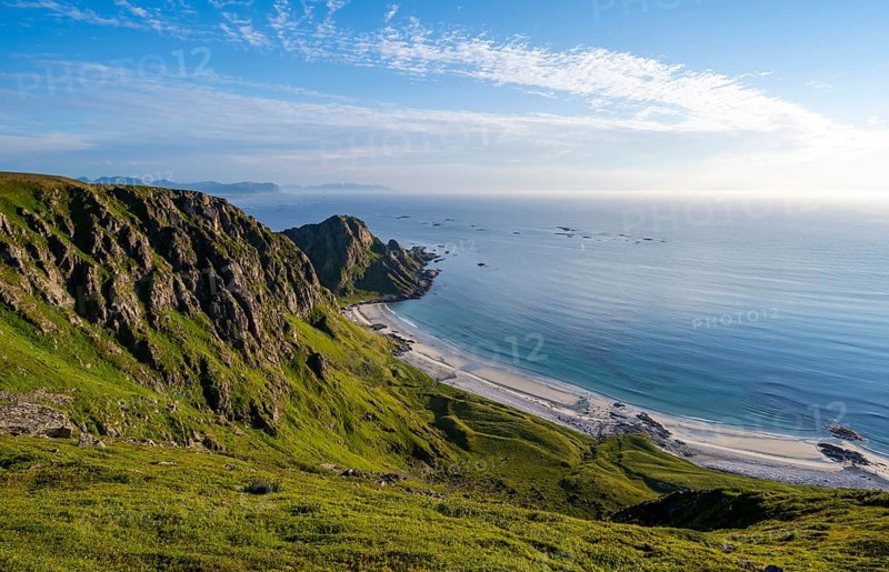 View of picturesque coastal landscape, Høyvika beach and sea, hike to the summit of Måtind, Andøya Island, Vesterålen, Nordland, Norway, Europe