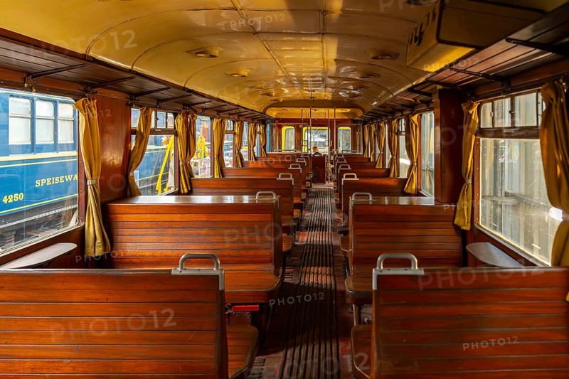 Passenger carriage with wooden benches at Stoomtrein Maldegem-Eeklo, heritage railway association at old NMBS station of Maldegem, Flanders, Belgium, Europe