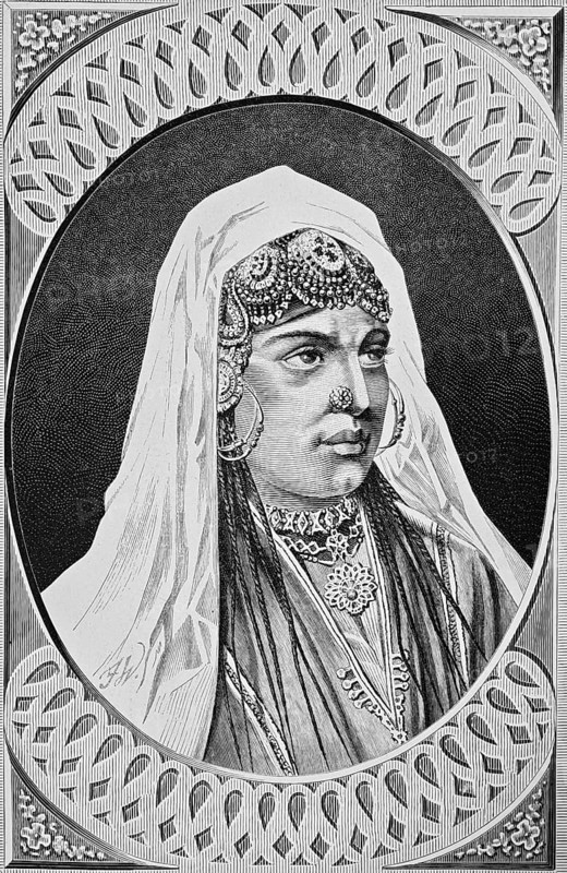 Portrait of a young woman from Kashmir, serious look, precious jewellery, necklace, diadem, nose ring, earring, headdress, valuable clothes, headscarf, dress, braided plaits, jewellery, ornamentation, noble wealth, elegance, historical illustration, India, woman of the 19th century, Asia