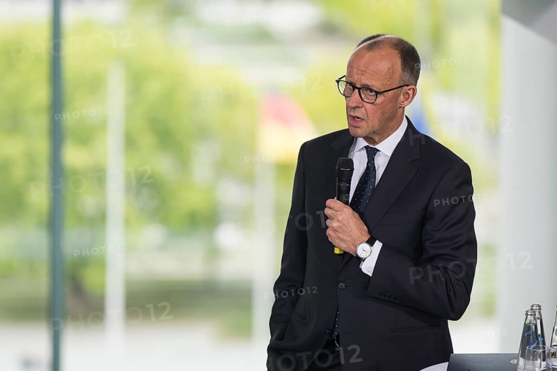 Friedrich Merz (CDU), Chancellor of the Federal Republic of Germany, at the opening statement for the discussion with the multilateral youth camp Youth4Peace in the Federal Chancellery, Berlin, 8 May 2025