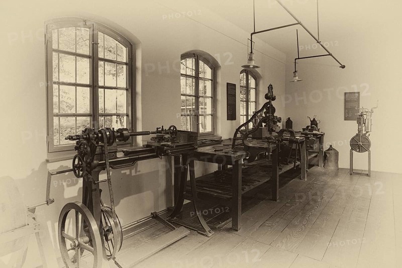 Interior photo, first vehicle engine, grandfather clock, former workshop of Gottlieb Daimler in the garden house, Gottlieb Daimler memorial, Gottlieb Daimler memorial, museum, spa gardens, black and white, retro, Bad Cannstatt, Stuttgart, Baden-Württemberg, Germany, Europe