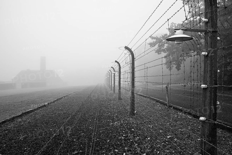 Reconstructed camp fence with crematorium in the fog at beech forest concentration camp, now a concentration camp memorial, Weimar, Thuringia, Germany, Europe