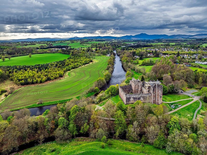 Doune Castle from a drone, Doune, Stirling, Scotland, England, United Kingdom, Europe