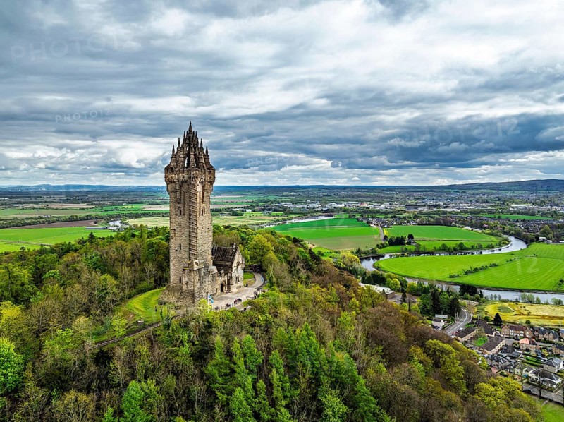 The National Wallace Monument or William Wallance Monument from a drone, Stirling, Scotland, England, United Kingdom, Europe