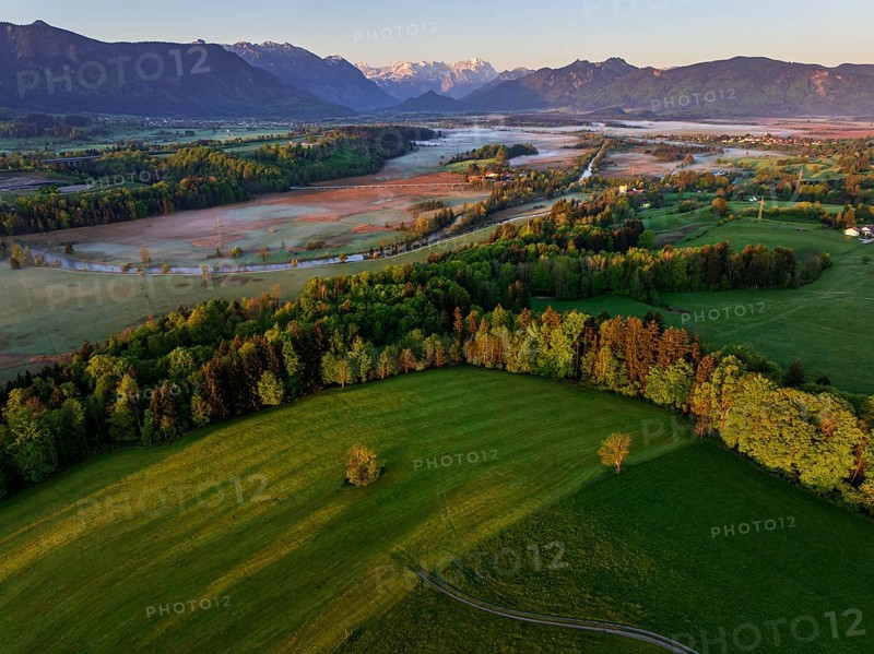 Aerial view, trees, forest, meadow, light green leaves, morning light, fog, mountains, sunny, spring, near Murnau, behind Zugspitze, foothills of the Alps, Bavaria, Germany, Europe