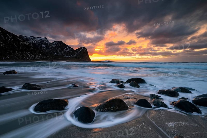 Rocky coast with surf, Unstad Beach, Lofoten, Norway, Europe