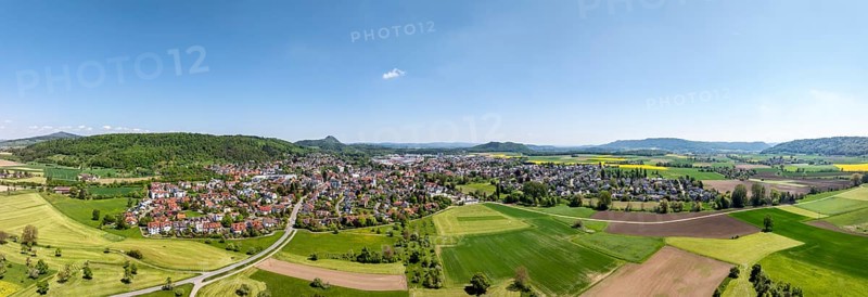 Aerial view, panorama, view of the municipality of Gottmadingen in Hegau, on the horizon the Hegau volcano Hohentwiel, district of Constance, Baden-Württemberg, Germany, Europe