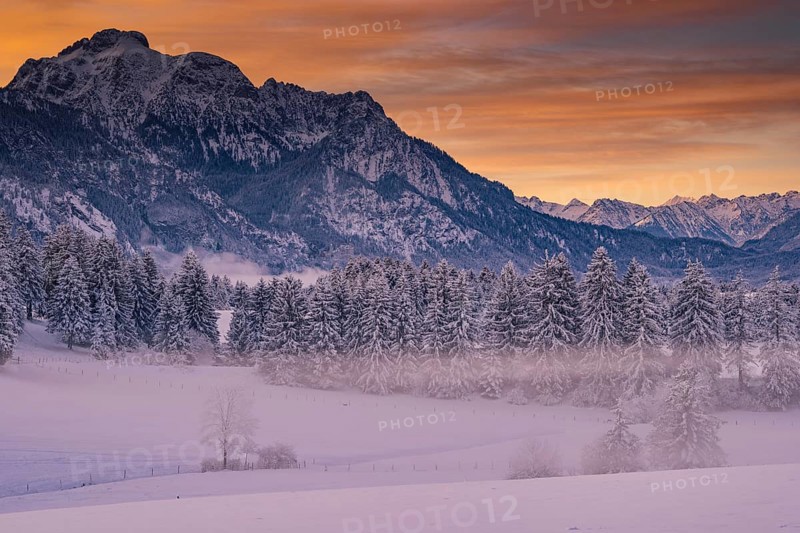 Winter landscape in the Allgäu near Halblech at sunrise