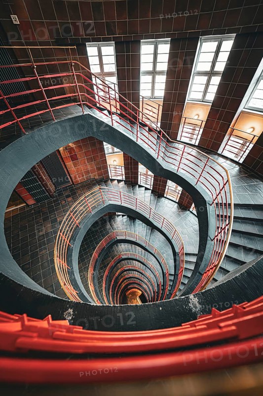Dramatic spiral staircase with red banisters and windows, SPRINKENHOF, Hamburg, Germany, Europe