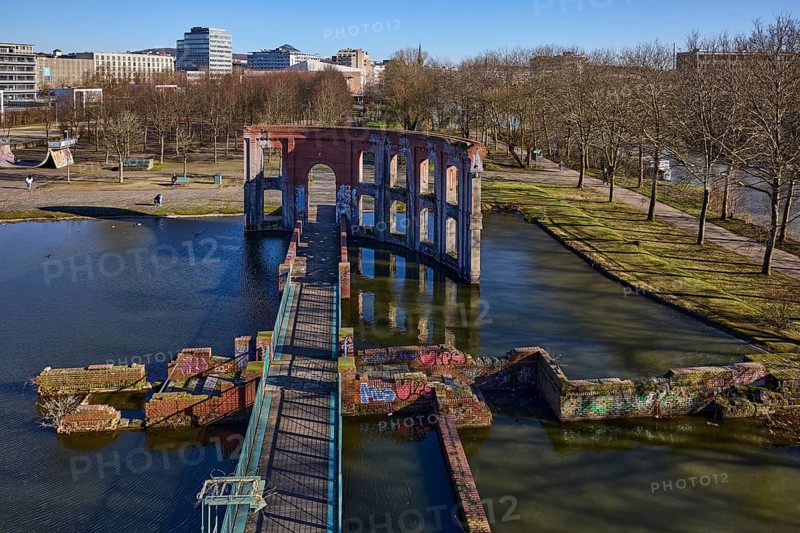 Park, trees, pond, lawn, artificial ruin, general architecture, blue sky, cloudless, Bürgerpark Hafeninsel, Saarbrücken, state capital, regional association Saarbrücken, Saarland, Germany, Europe
