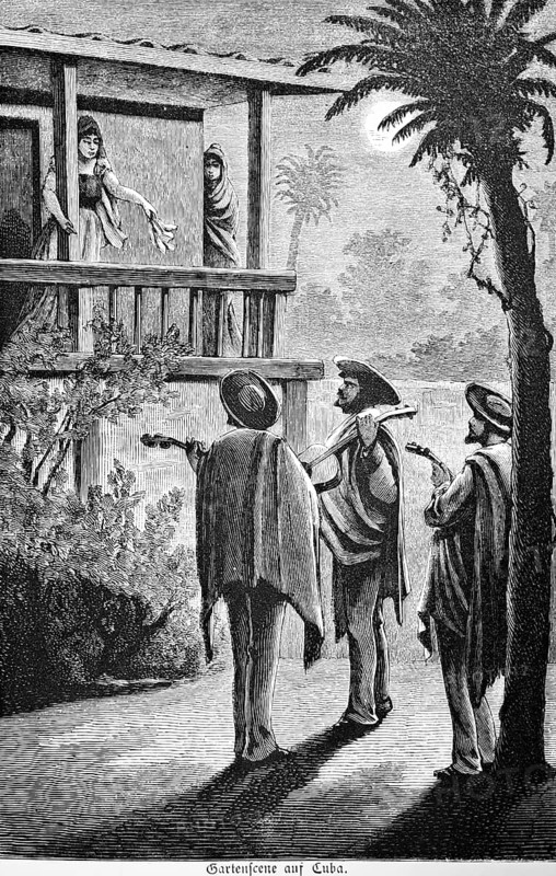 Garden scene in Cuba, three musicians singing and making music for the young woman on the balcony, guitars, sombrero, poncho, courtship, throwing gloves, tropical vegetation, palm trees, full moon at night, garden scene, second woman watching hidden, Caribbean, historical illustration, 19th century woman