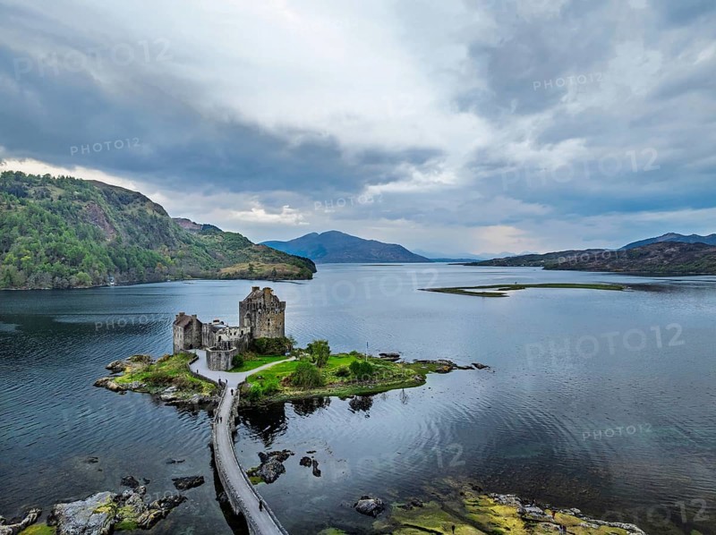 Eilean Donan Castle and Loch Duich from a drone, Isle of Skye, Highlands, Scotland, England, United Kingdom, Europe