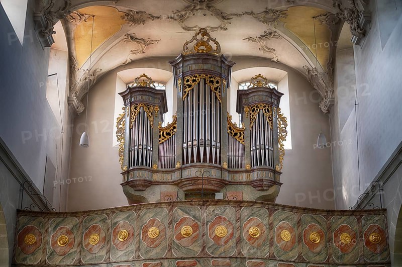Interior view, gallery, organ, ceiling painting, ceiling fresco, collegiate church Sankt Peter und Paul, Niederzell, Insel Reichenau, Landkreis Konstanz, Baden-Württemberg, Germany, Europe