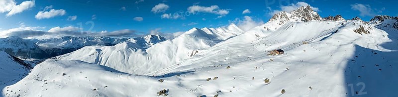 Alpine panorama, aerial view, Alpine Club hut of the SAC in winter, Chamanna d'Es-cha, Pitz Blaisun, Albula Alps, Grisons, Switzerland, Europe