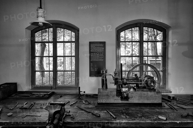 Interior photograph, first vehicle engine, the grandfather clock, Gottlieb Daimler's former workshop in the garden house, Gottlieb Daimler Memorial Site, Gottlieb Daimler Memorial Site, museum, spa gardens, black and white, Bad Cannstatt, Stuttgart, Baden-Württemberg, Germany, Europe