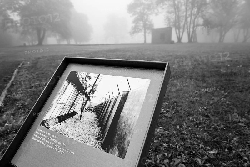 Historical photo at the site of the isolation barracks in beech forest concentration camp, today a concentration camp memorial, Weimar, Thuringia, Germany, Europe