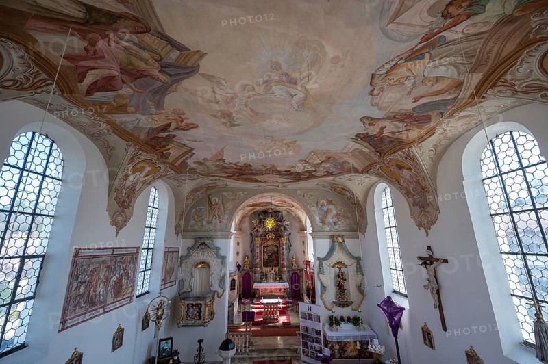 View from the organ loft onto the church interior and altar with Lenten cloth, St Laurentius and Agatha Church, Frankenhofen, Kaltental, Ostallgäu, Bavaria, Germany, Europe