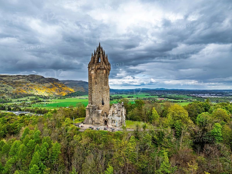 The National Wallace Monument or William Wallance Monument from a drone, Stirling, Scotland, England, United Kingdom, Europe