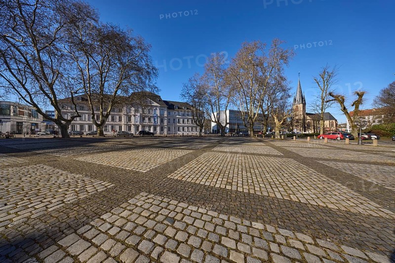 Comeniushaus, architect Friedrich Joachim Stengel, Baroque architectural style, Saar University of Fine Arts, historical buildings, church tower of St Jakob, square, bare trees, blue sky, cloudless, Ludwigplatz, Keplerstrasse, Saarbrücken, state capital, Saarbrücken Regional Association, Saarland, Germany, Europe