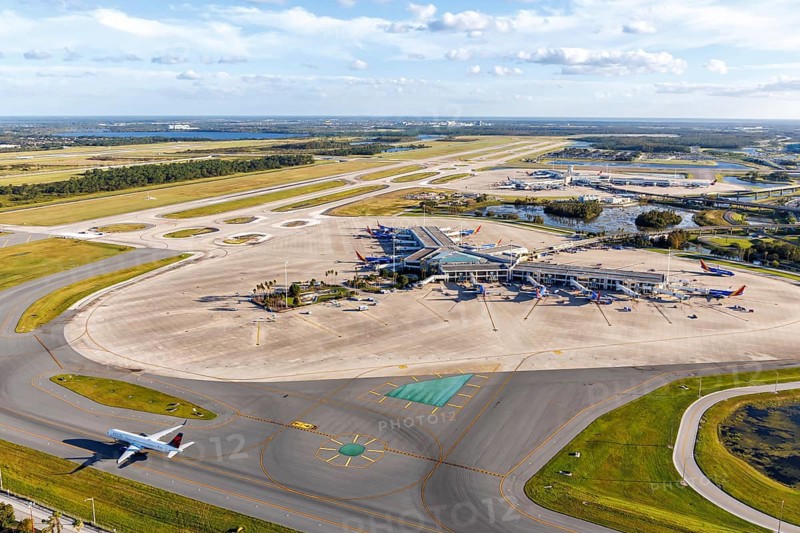 Aerial view of Orlando International Airport with terminal Southwest Airlines Concourse Airside 2 in Orlando, USA, North America