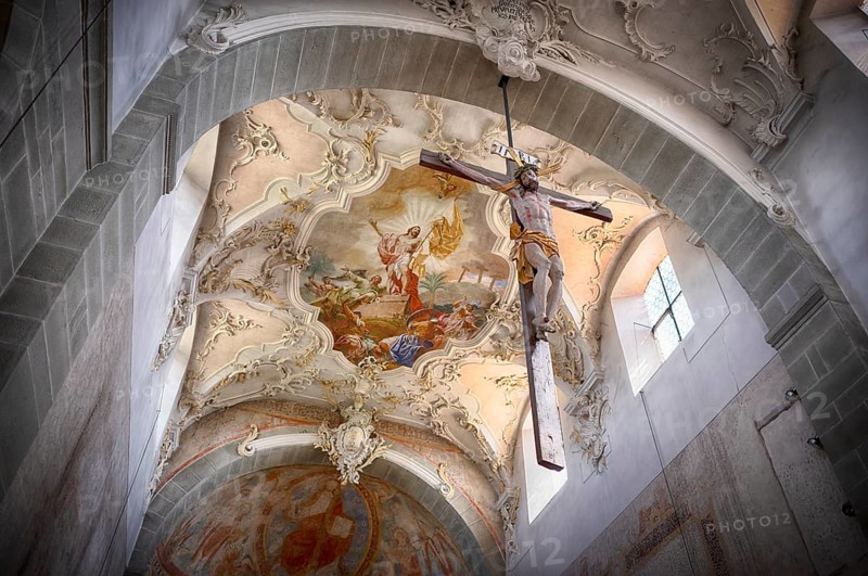 Interior view, Jesus on the cross in front of ceiling painting, ceiling fresco, collegiate church Sankt Peter und Paul, Niederzell, Insel Reichenau, Landkreis Konstanz, Baden-Württemberg, Germany, Europe