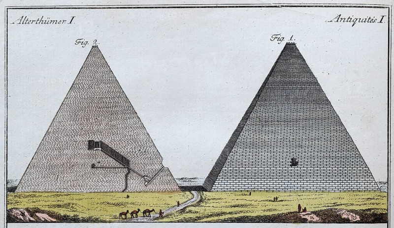 Egyptian pyramids, the seven wonders of the world, hand-coloured copperplate engraving from Friedrich Justin Bertuch's picture book for children, 1801From Friedrich Justin Bertuch's picture book for children, Vienna 1801