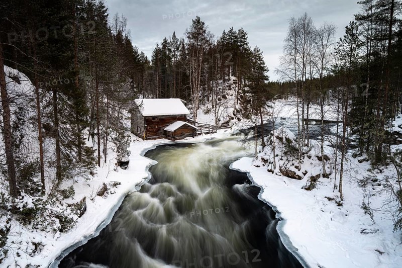 Myllykoski mill in a snowy landscape, Oulanka National Park, Kuusamo, Finland, Europe