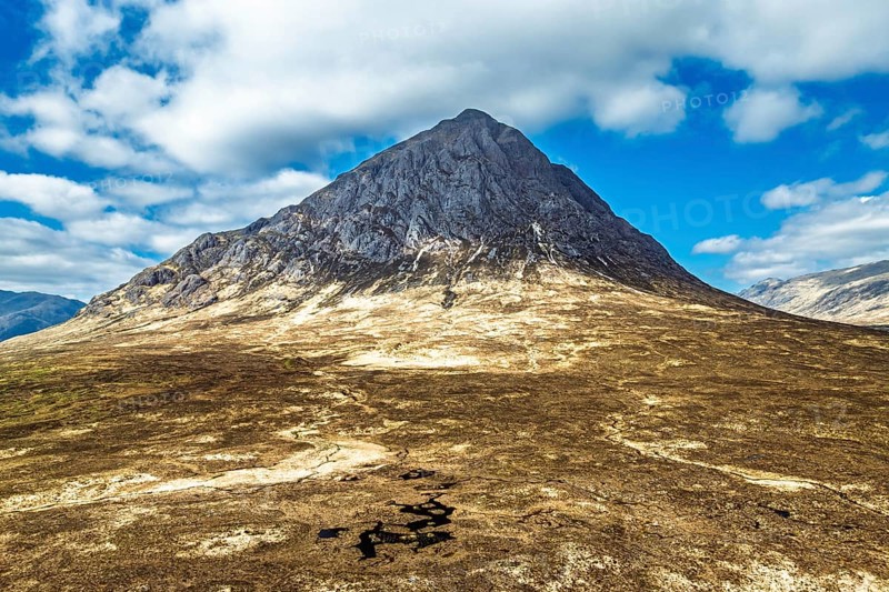 The Buachaille Mountain and Moors over Glen Etive Valley from a drone, Buachaille Etive Mòr, The Buachaille, Highlands, Scotland, United Kingdom, Europe