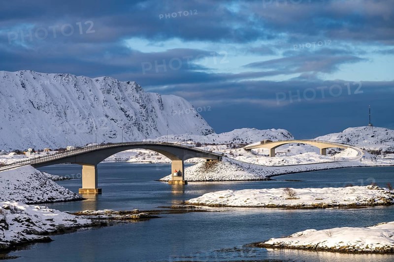 Bridges connecting islands on the road to Fredvang, Flakstadøya, Lofoten, Norway, Europe