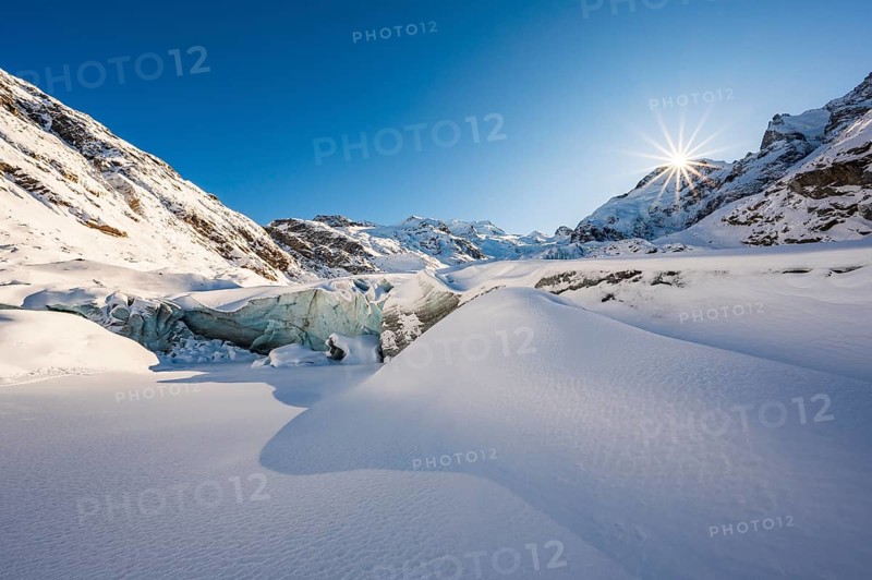 Snow-covered glacier, Morteratsch Glacier, Bernina Group, Engadin, Grisons, Switzerland, Europe