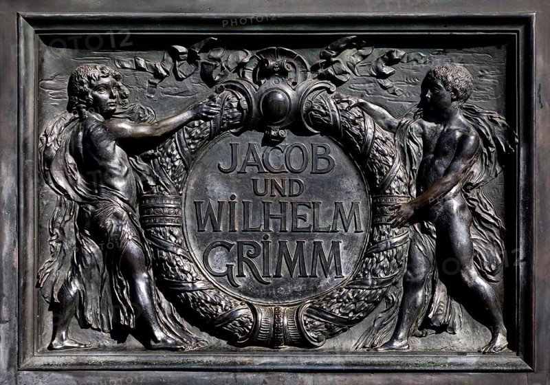 Bronze plaque, relief with inscription, National Monument Brothers Jakob and Wilhelm Grimm, Neustädter Marktplatz, Hanau, Hesse, Germany, Europe