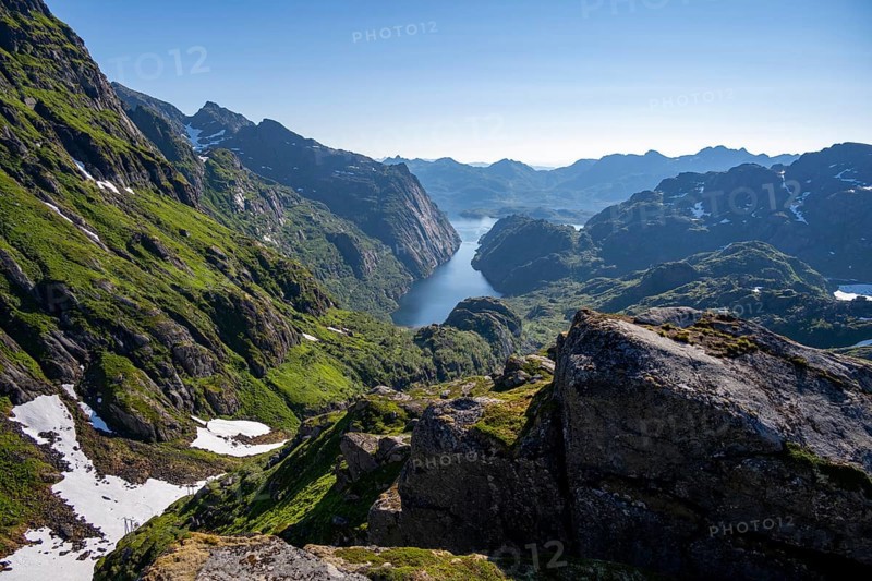 Picturesque mountain landscape, Trollfjord and Raftsund fjord, hike to Trollfjord Hytta, Lofoten, Nordland, Norway, Europe
