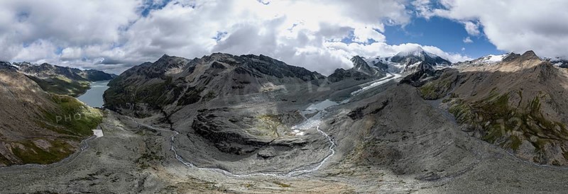 Aerial view, Alpine panorama, mountain landscape with glacier Glacier de Cheilon and summit Mont Blanc de Cheilon and Lac de Dix, Valais, Western Alps, Switzerland, Europe