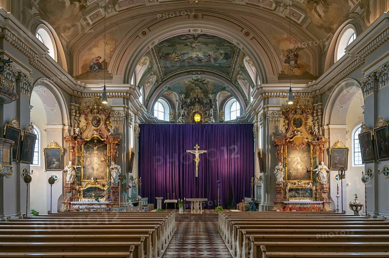 Interior with large purple Lenten cloth in front of the high altar, baroque parish church of St Nicholas, built between 1722 and 1724, Kirchacker 20, Tannheim, Austria, Europe