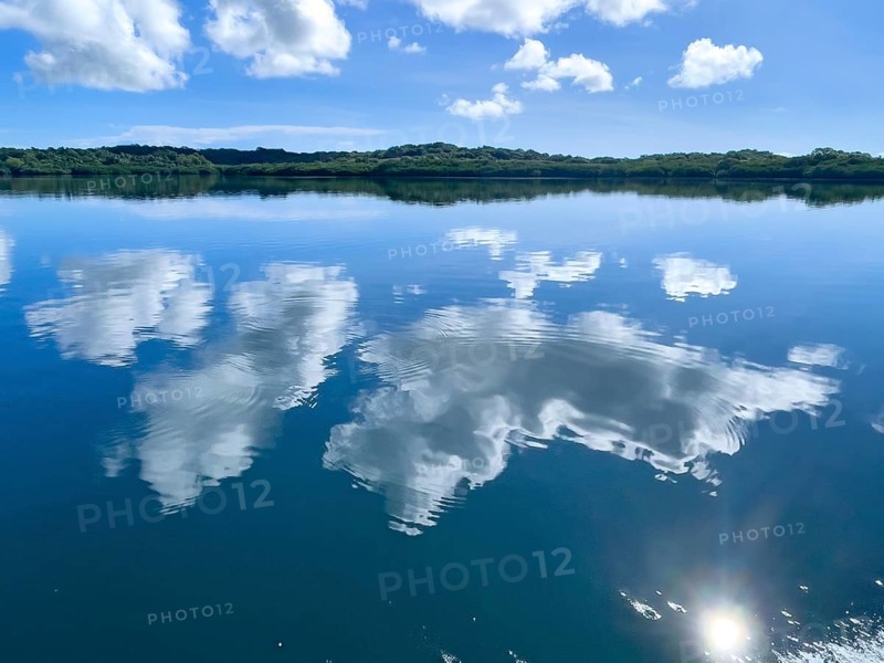 Reflection of white clouds cumulus in lagoon of Yap Island in Pacific Ocean, Caroline Islands, Yap Island, Yap State, Federated States of Micronesia FSM, Australia, Oceania