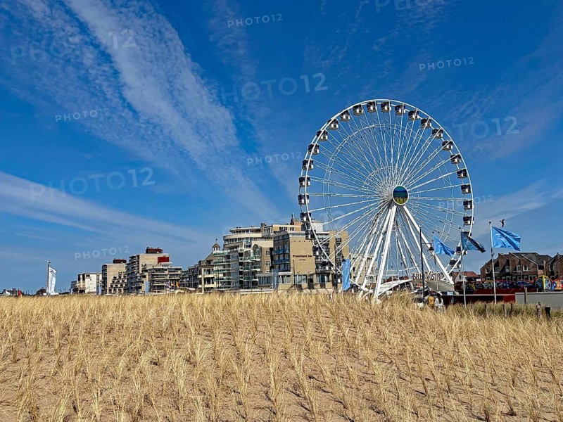 Ferris wheel next to modern buildings on the beach under a clear blue sky with clouds, Noordwijk, Holland, Netherlands