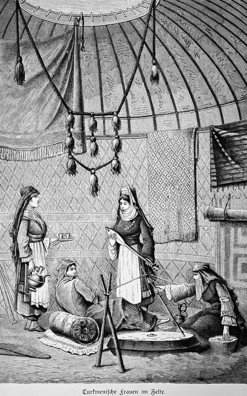 Turkmen family in tent, four woman in portrait, playing stringed instrument, preparing tea, tray with glasses, teapot, preparing food, embers, woman resting, traditional clothing, apron, headscarf, cushions, carpets, high tent with opening in tent roof, life in Asia, work, everyday life, living, property, belongings, historical illustration, Turkmenistan, woman of the 19th century, Asia