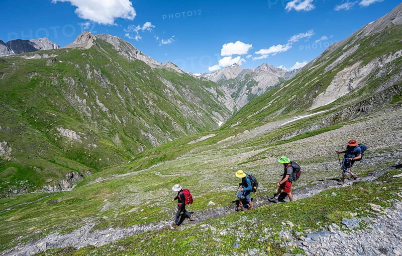 Group of mountaineers on a hiking trail, view of the Dabertal valley, Lasörling Höhenweg, Lasörling Group, Hohe Tauern National Park, East Tyrol, Tyrol, Austria, Europe