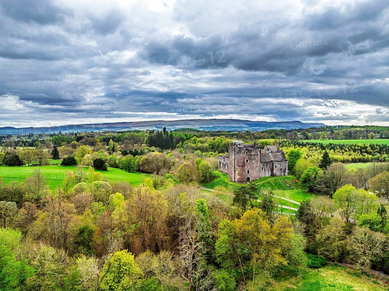 Doune Castle from a drone, Doune, Stirling, Scotland, England, United Kingdom, Europe