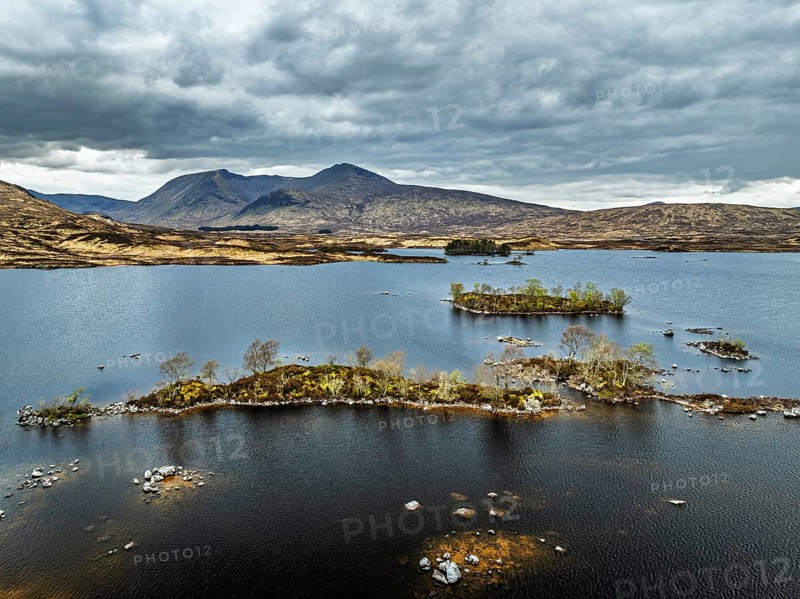 Rannoch Moor from a drone over Loch Ba and Loch of the Armpit, A82 Highland Way, Argyll and Bute, West Highlands, Scotland, United Kingdom, Europe