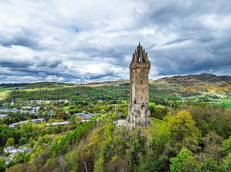 The National Wallace Monument or William Wallance Monument from a drone, Stirling, Scotland, England, United Kingdom, Europe