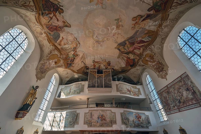 Organ loft and ceiling frescoes of St Laurentius and Agatha Church, Frankenhofen, Kaltental, Ostallgäu, Bavaria, Germany, Europe