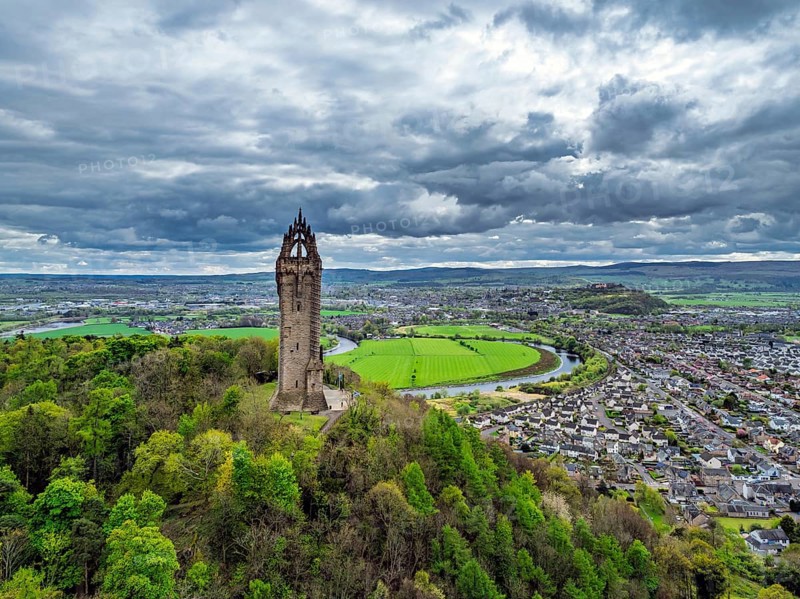 The National Wallace Monument or William Wallance Monument from a drone, Stirling, Scotland, England, United Kingdom, Europe
