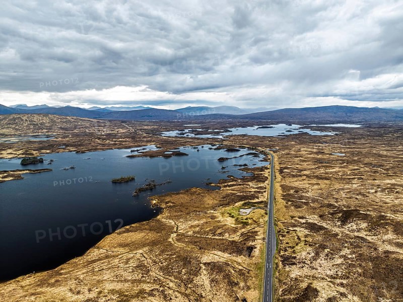 Rannoch Moor from a drone over Loch Ba and Loch of the Armpit, A82 Highland Way, Argyll and Bute, West Highlands, Scotland, United Kingdom, Europe